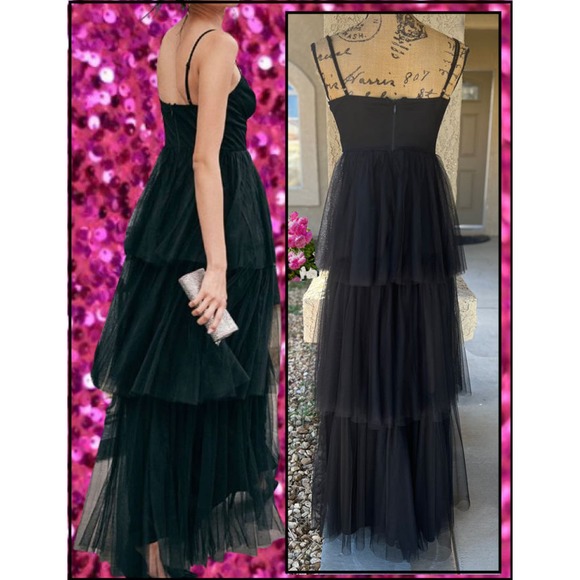 Lulus Rule the Runway Black Tulle Bustier Tiered Maxi Dress Size L - Picture 5 of 9